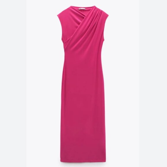 Zara Asymmetric Draped Detail Midi Dress Fushia Pink Size Small - Picture 2 of 7